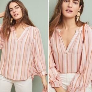 Anthropologie Maeve Byron Pink Striped Blouse VNeck